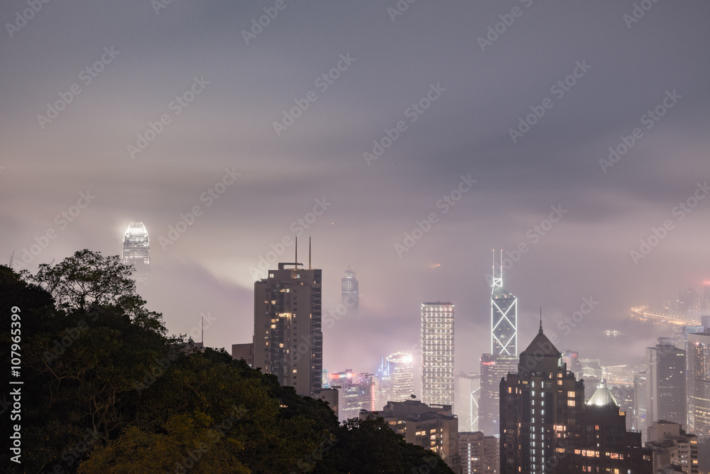 Fototapeta premium Urban fog View of Hong Kong from Victoria peak