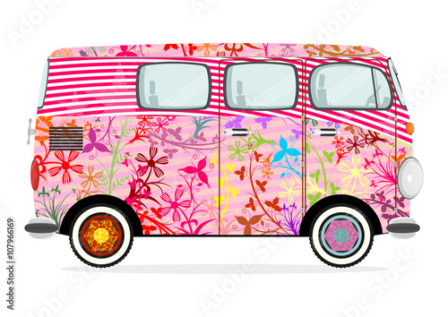 Funny cartoon hippie bus on a white background. Flat vector