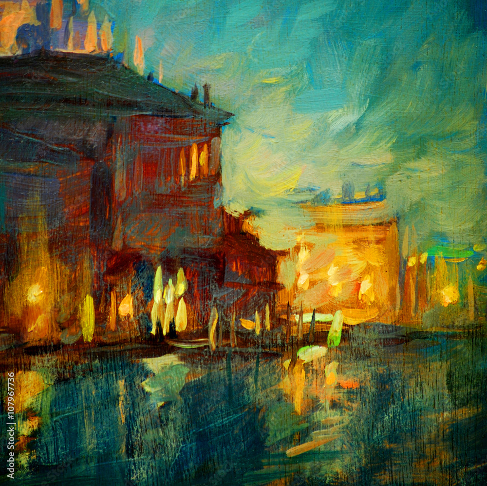 Fototapeta Wenecja kanał nocny, obraz olejny na płótnie, ilustracja