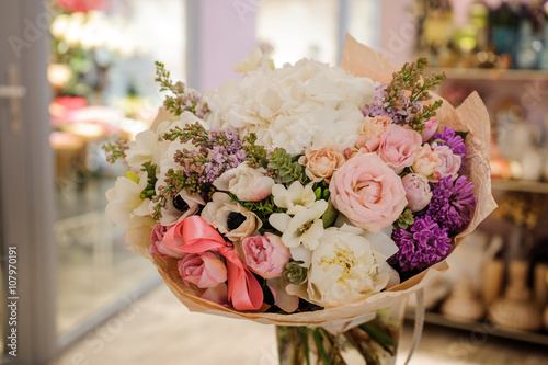 beautiful white, pink, purple flower romantic bouquet photo