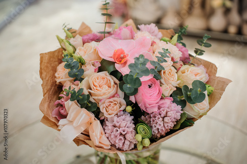beautiful white, pink, purple flower romantic bouquet
