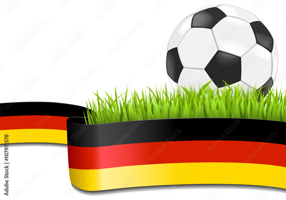 Fototapeta premium Fussball auf Rasen mit deutscher Banderole