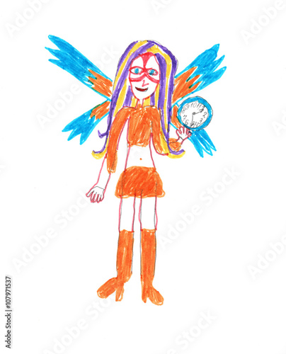 Color child s drawing drawn with markers. Colourful fairy on a white background.