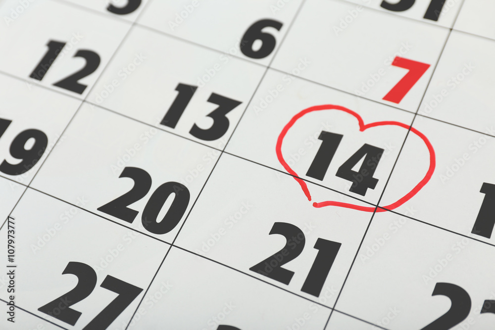 Calendar with date of February 14 -Valentines day, close-up Calendar with date of February 14 -Valentines day, close-up