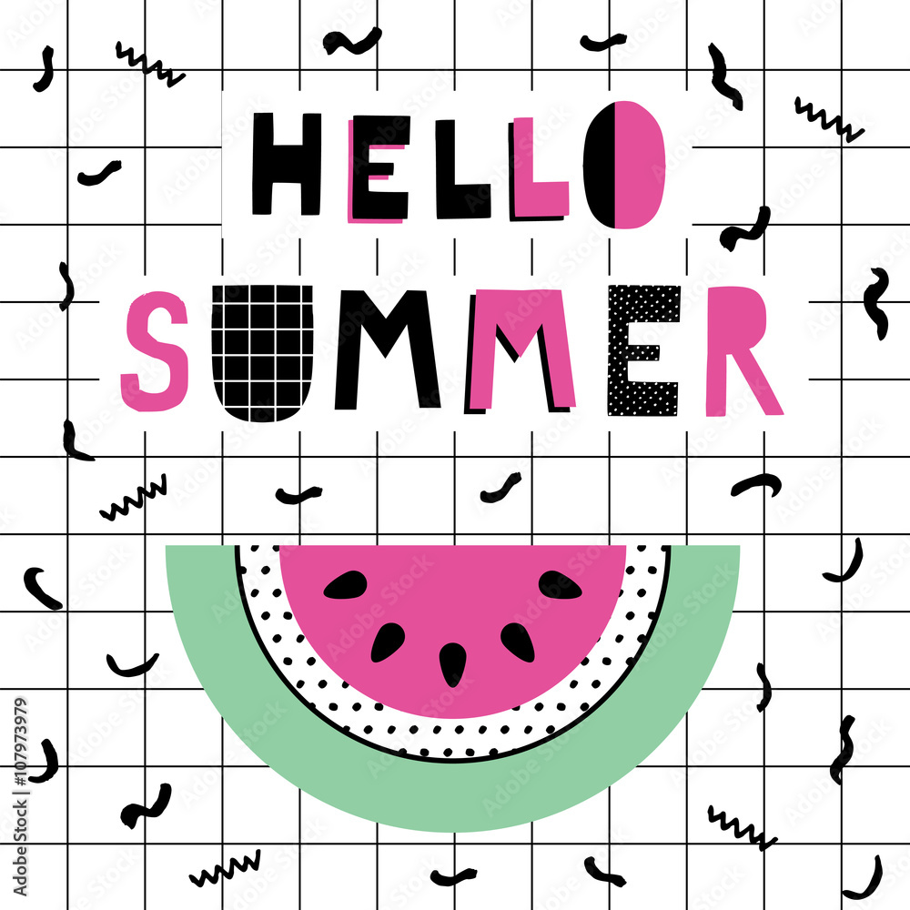 Obraz premium Hello Summer Poster with watermelon. Vector illustration