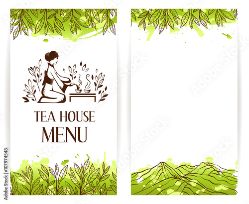 Green tea menu template. Japanese tea ceremony logo.