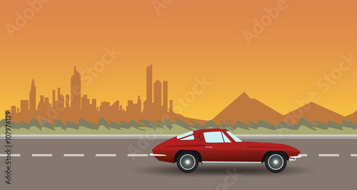 Car Road Landscape City on Sunset. Flat Vector Illustration © chubuka