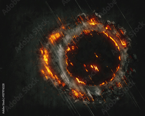 Abstract burning cloud fractal with round hole on black background