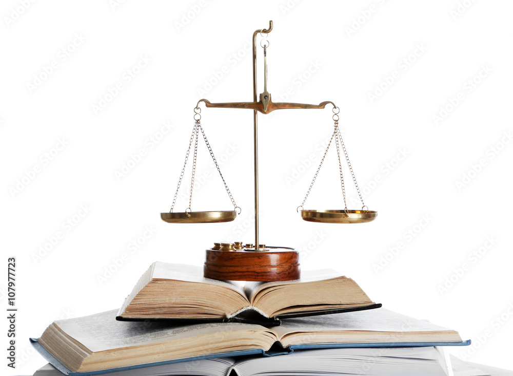 Wooden gavel with justice scales and open books on white background Wooden gavel with justice scales and open books on white background