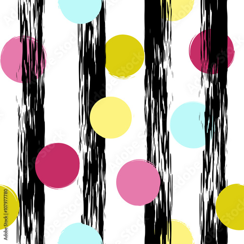 Cute vector geometric seamless pattern . Polka dots and stripes. Brush strokes. Hand drawn grunge texture. Abstract forms. Endless texture can be used for printing onto fabric or paper