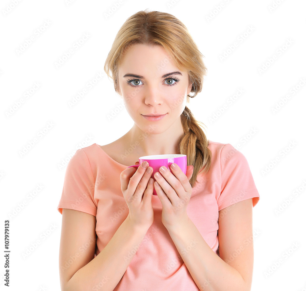 Beautiful girl enjoying a cup of tea, isolated on white Beautiful girl enjoying a cup of tea, isolated on white
