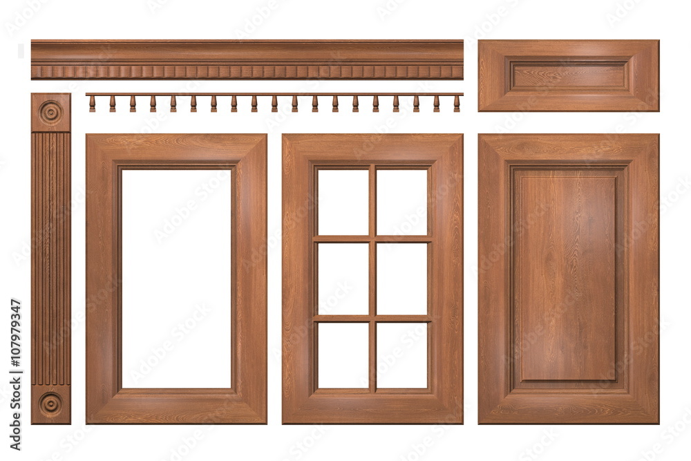 Obraz premium Front collection of isolated wooden doors, drawer, column, cornice for kitchen cabinet