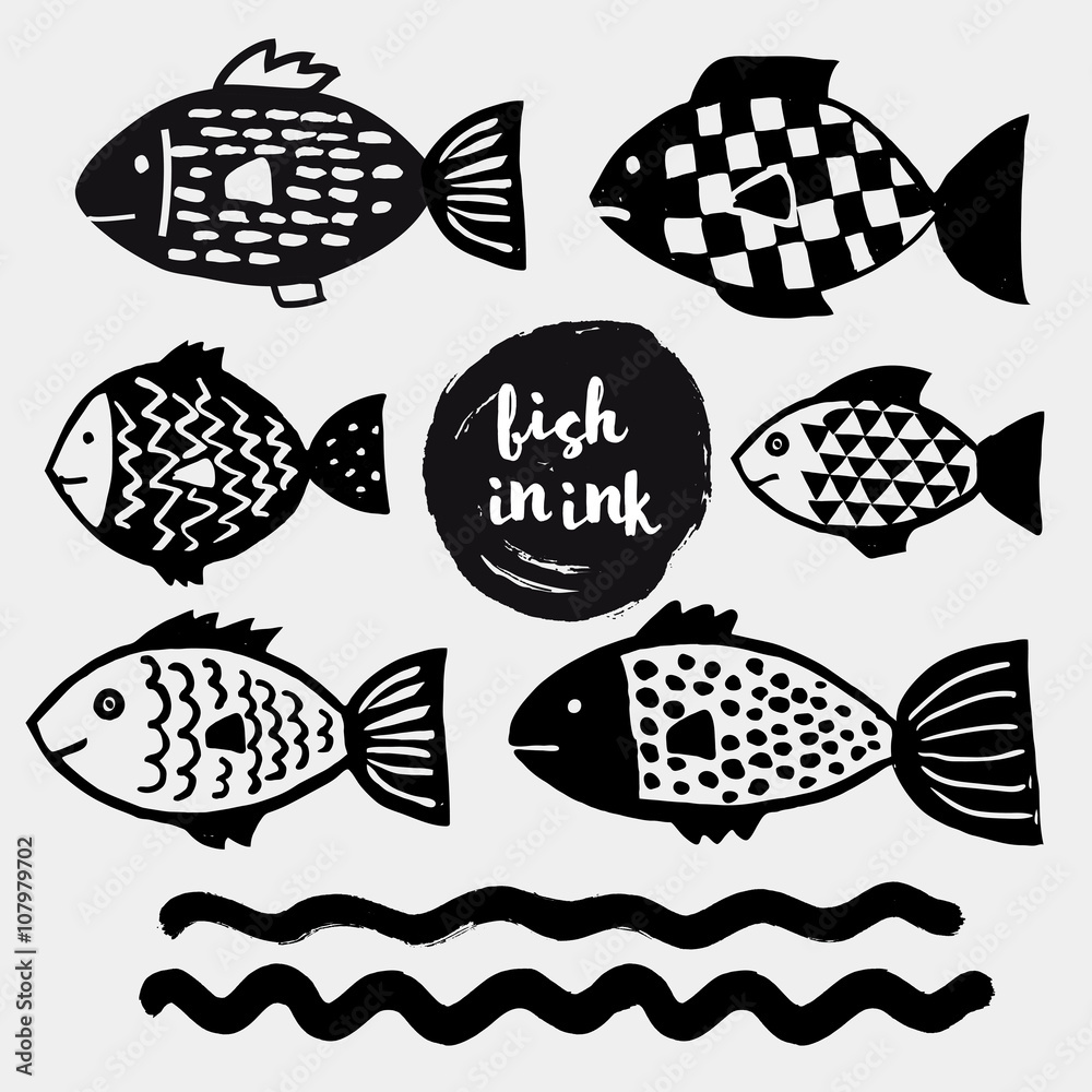 Hand drawn vector fishes in doodle style. 