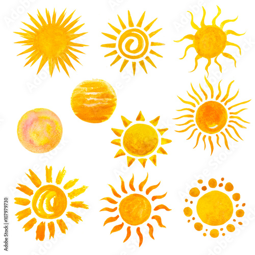 set of watercolor sun icons isolated on white. Hand painting 