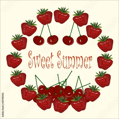 Typography banner Sweet Summer. Strawberries chaplet, cherries on light background. Painting, vector