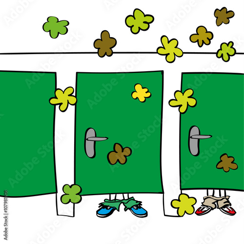 A rest room or communal toilet with people behind closed doors creating clouds of stinky smells and bad odours in the room by farting