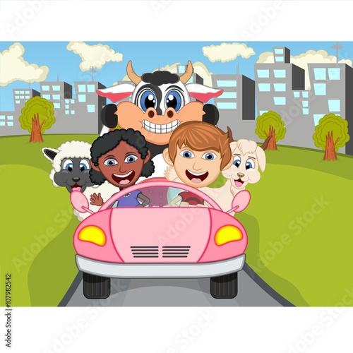 Happy Child  cow  and sheep on a car with city background cartoon