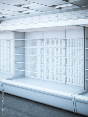 Opened empty refrigerator in the store. 3d rendering