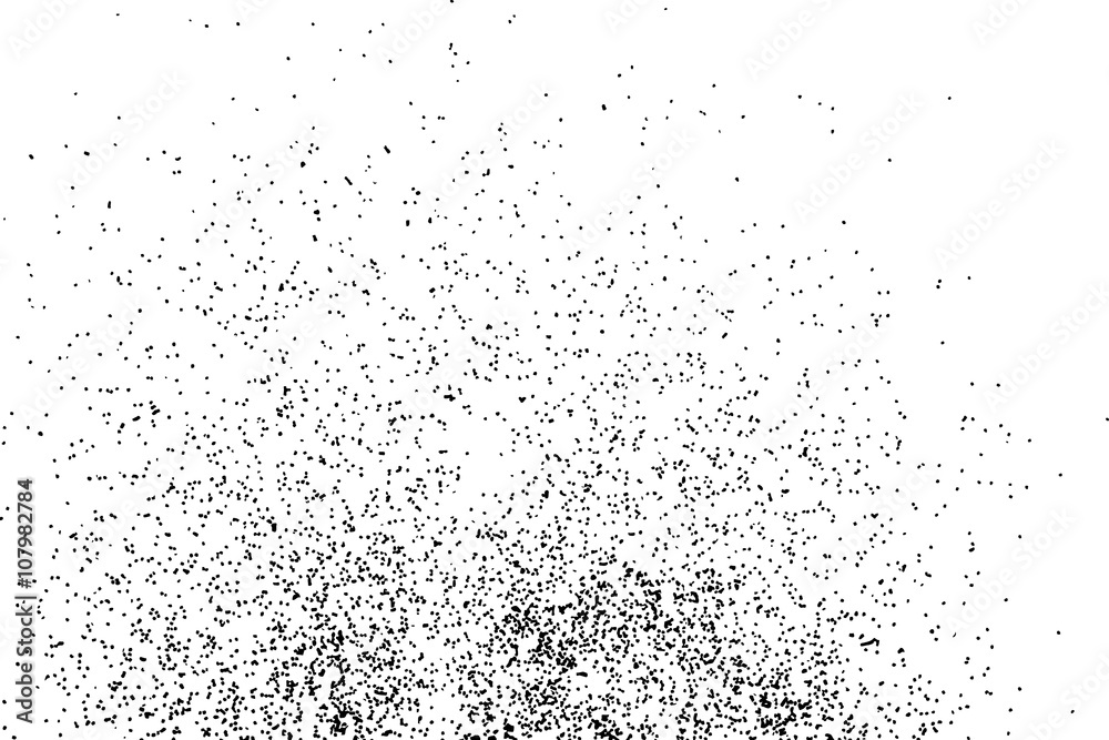 Obraz premium Grainy grunge abstract texture on white background. Random spread of black sparkles. Black glitter blow explosion on white background. Randomly sprayed twinkles and drops.