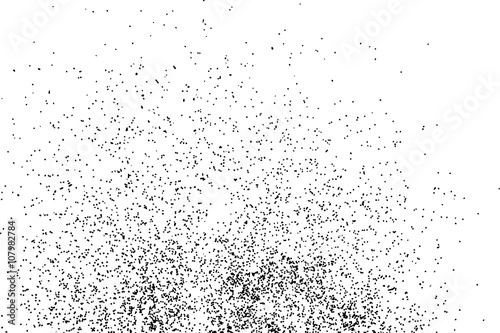 Grainy grunge abstract texture on white background. Random spread of black sparkles. Black glitter blow explosion on white background. Randomly sprayed twinkles and drops.