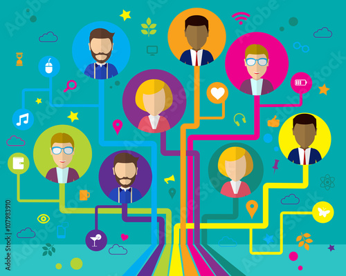 Communication tree with rounded corner. Office workers in a flat style