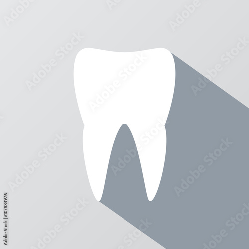White tooth with long shadow effect. Silhouette white tooth, icon tooth white, stomatology healthcare, human white tooth