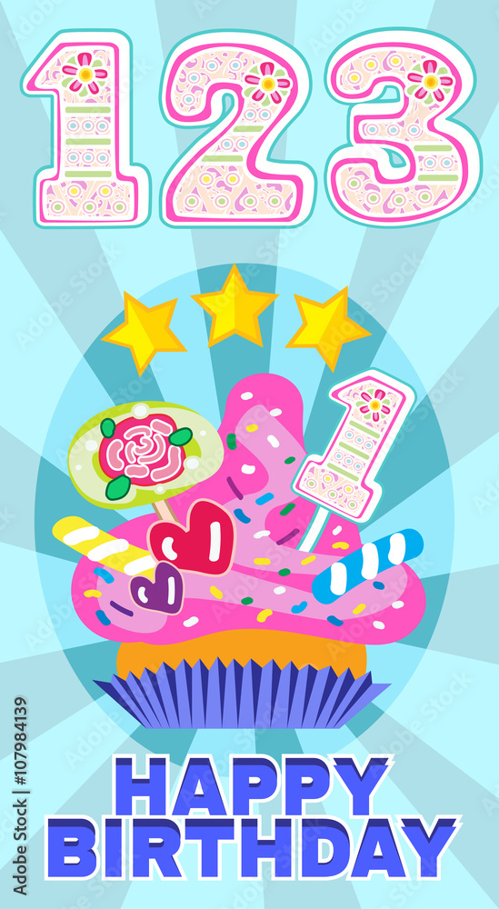 one, two, three colorful numeral candles on the cake at the celebration for baby's birthday and sweet cupcake decorated with candy and strawberry cream set of vector illustration flat design postcard one, two, three colorful numeral candles on the cake at the celebration for baby's birthday and sweet cupcake decorated with candy and strawberry cream set of vector illustration flat design postcard