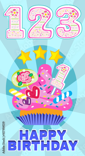 one, two, three colorful numeral candles on the cake at the celebration for baby's birthday and sweet cupcake decorated with candy and strawberry cream set of vector illustration flat design postcard