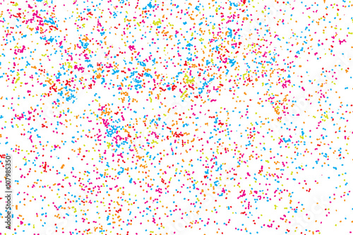 Abstract overlay background colorful confetti or paint splatter brush texture for Holi Festival and Carnival Celebrations. Random round glitter dots overlays for creative design projects