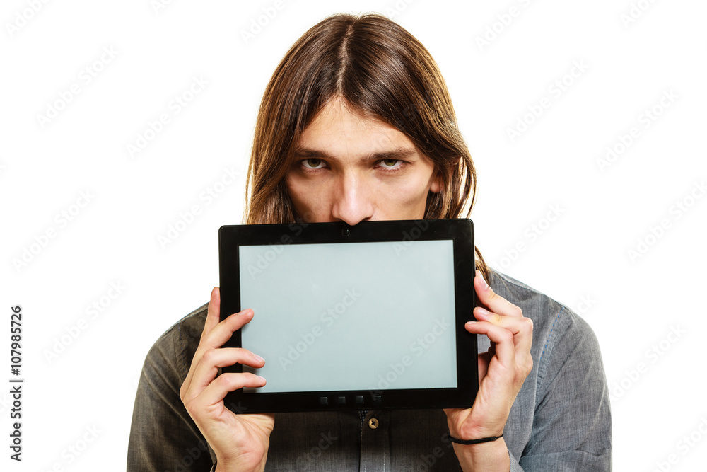 Man holding pc tablet. Blank screen copyspace. Man holding pc tablet. Blank screen copyspace.