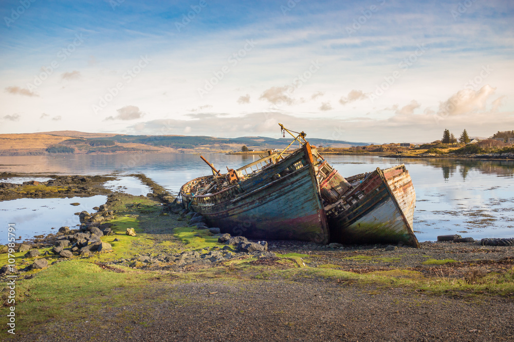 old wooden fishing boat wrecks on mull