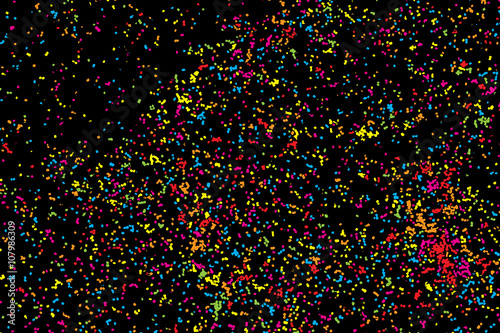 Abstract black background with falling confetti. Many round random tiny glitter pieces.