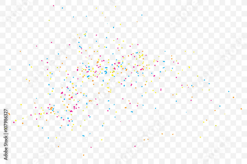 Transparent background with many falling tiny round random confetti, glitter and serpentine pieces blow and sprayed on transparent background. Isolated.