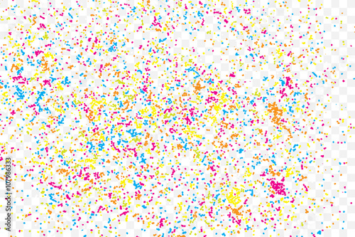 Transparent background with many falling tiny round random confetti, glitter and serpentine pieces blow and sprayed on transparent background. Isolated.