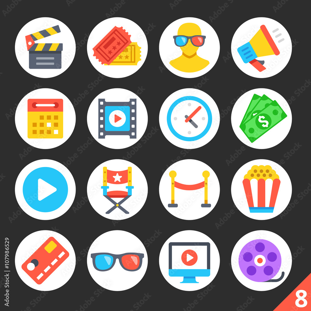 Round flat icons for web sites, mobile apps, web banners, infographics. High quality design illustrations. Entertainment, cinema, movie production, cinema concepts. Modern vector icons set 8