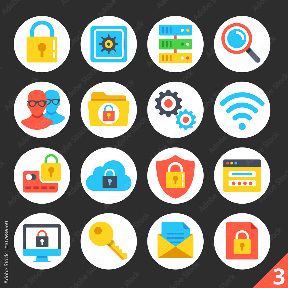 Round flat icons for web sites, mobile apps, web banners, infographics. High quality design illustrations. Internet security, network protection concepts. Modern vector icons set 3 Round flat icons for web sites, mobile apps, web banners, infographics. High quality design illustrations. Internet security, network protection concepts. Modern vector icons set 3
