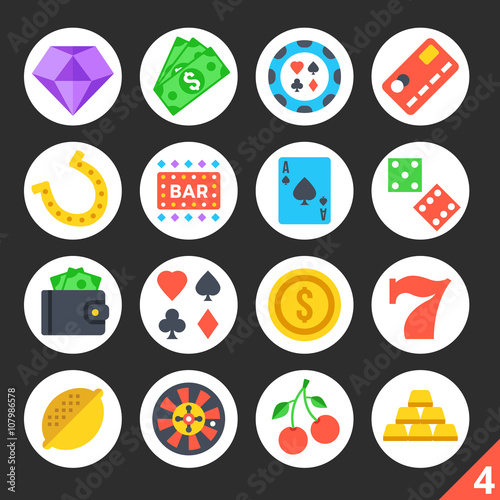 Round flat icons for web sites, mobile apps, web banners, infographics. High quality design illustrations.Gambling, casino, game of chance concepts. Black background. Modern vector icons set 4