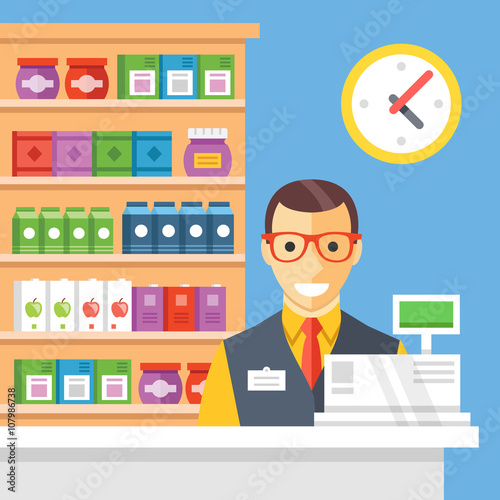 Supermarket checkout and cashier. Flat vector illustration