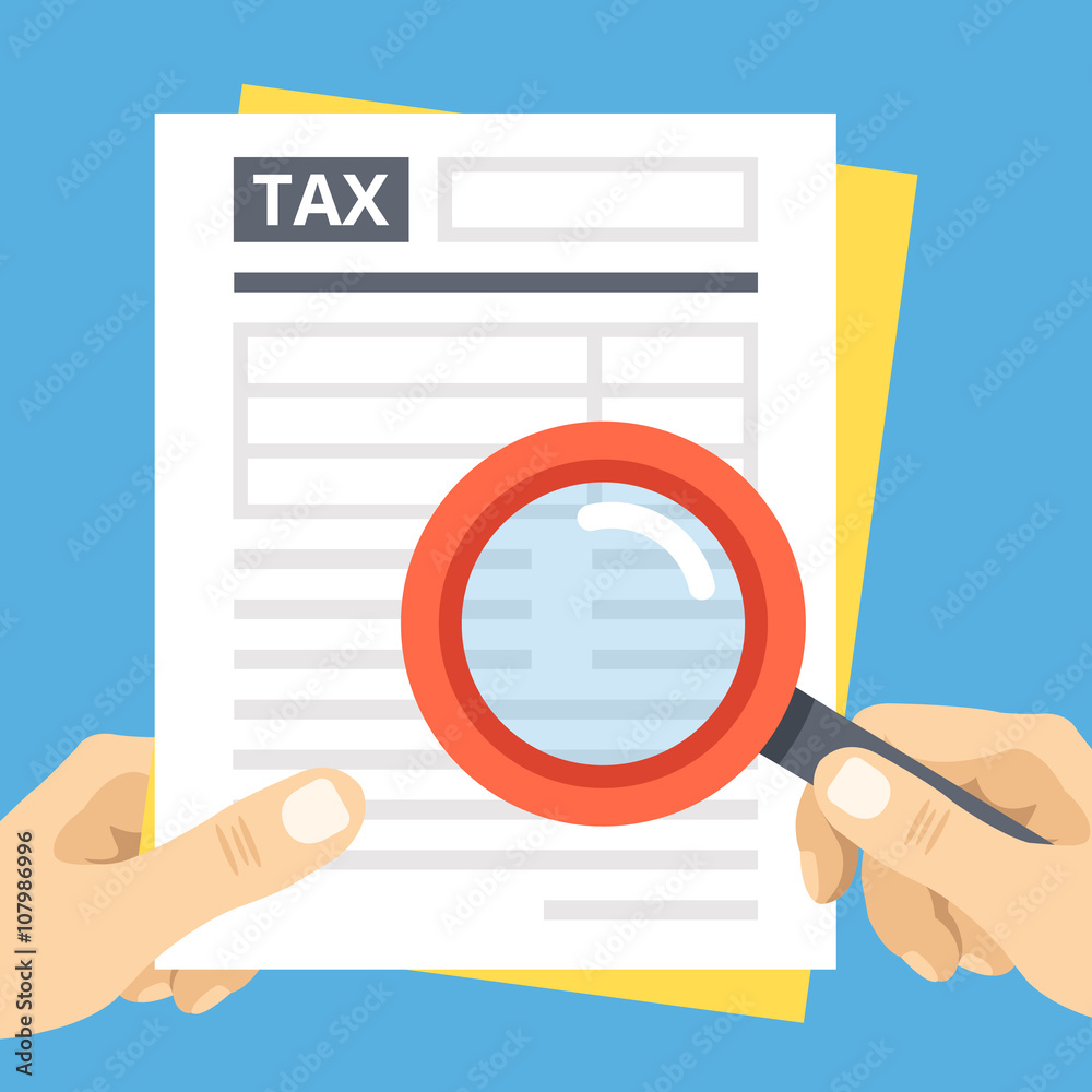 Tax form review with magnifier glass. Financial audit, tax season, data analysis, financial report. Flat vector illustration Tax form review with magnifier glass. Financial audit, tax season, data analysis, financial report. Flat vector illustration