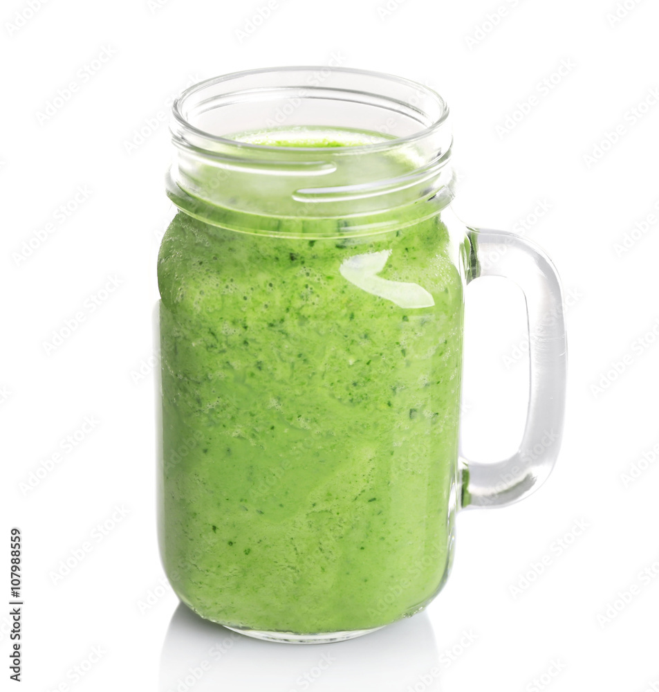 Jar of fresh avocado cocktail isolated on white Jar of fresh avocado cocktail isolated on white