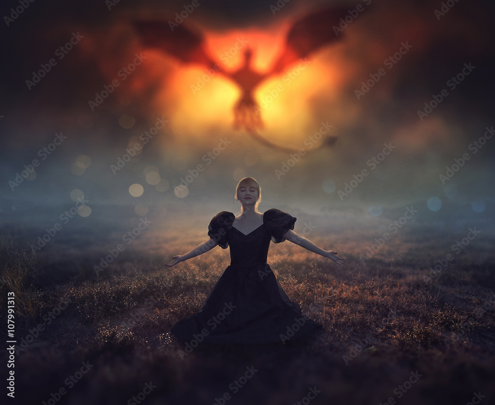 Fototapeta premium Smok i dziewczyna