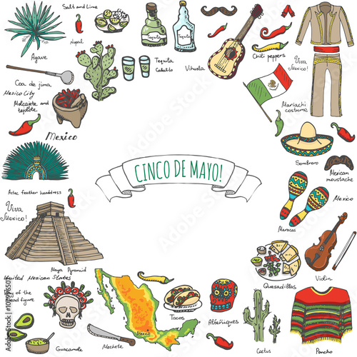 Cinco De Mayo hand drawn cartoon collection Doodle Mexico set Vector illustration Sketchy mexican food icons United Mexican States elements Maracas Sombrero Maya Pyramid Aztec Tequila Chili pepper