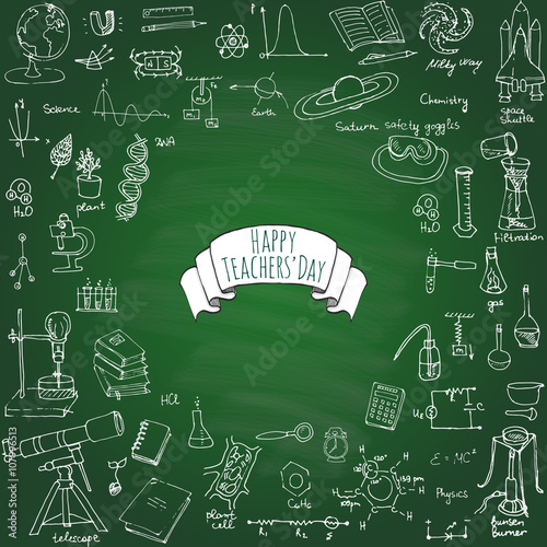 Happy Teachers Day Freehand drawing school items Science theme Hand drawing set of school supplies Sketch Doodle vector illustration Science, physics, calculus, chemistry, biology, astronomy
