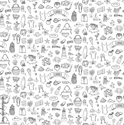 Seamless summertime traveling background Hand drawn doodle summer set icons Vector illustration Sketchy summer holiday elements collection Isolated vacation objects Cartoon summer beach journey symbol