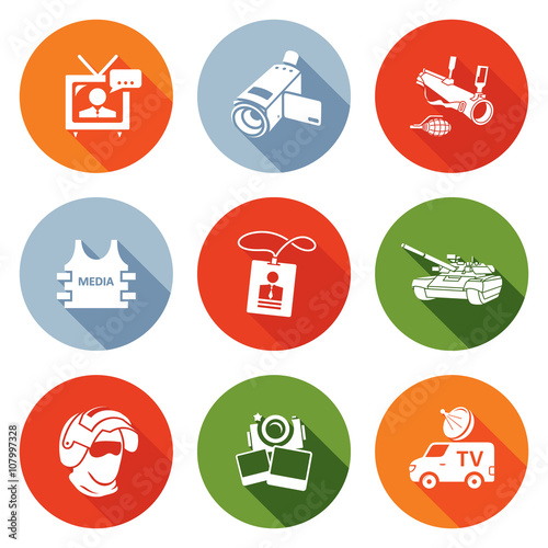 Risk of journalism in war Icons Set. Vector Illustration.