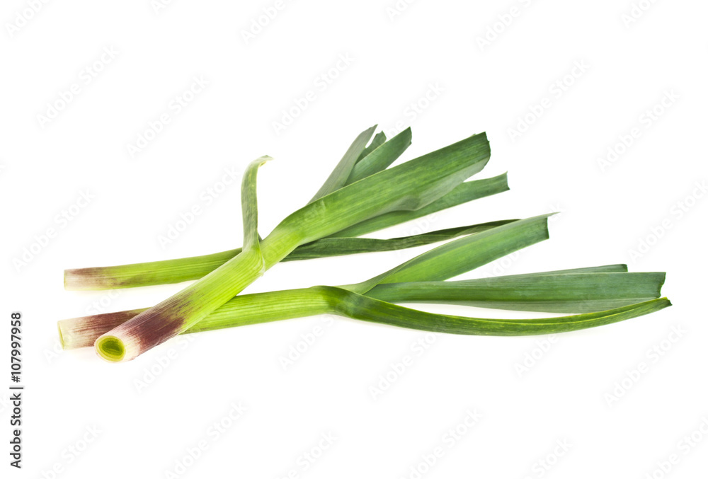 Young green garlic leaves isolated on a white background Young green garlic leaves isolated on a white background