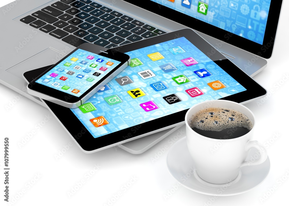 Laptop, phone, tablet pc and coffee. 3d rendering. Laptop, phone, tablet pc and coffee. 3d rendering.