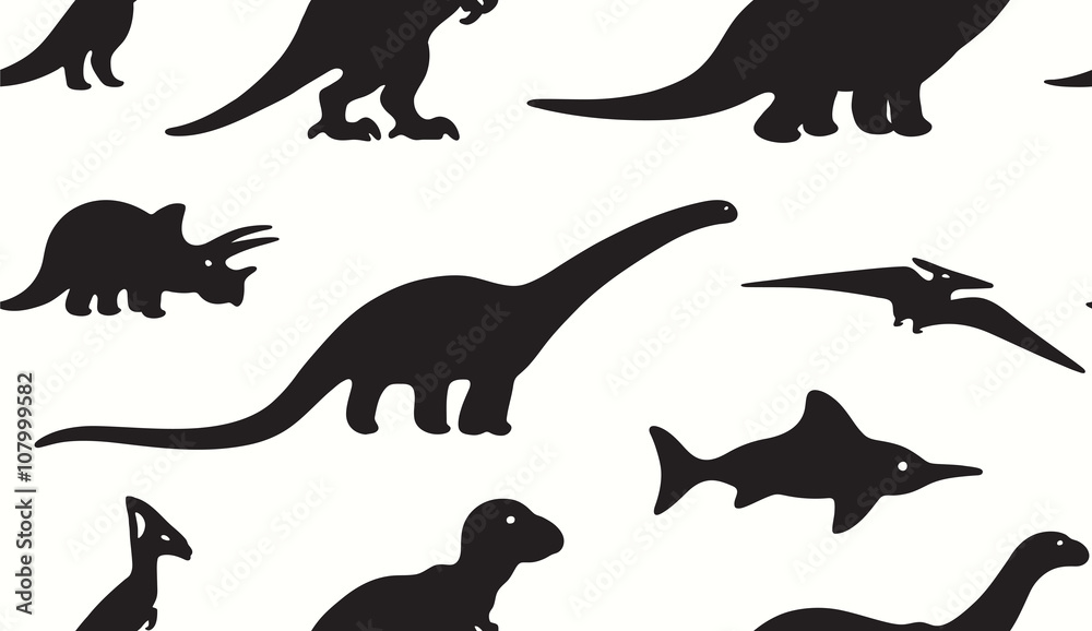 Fototapeta premium Dinosaurs black silhouettes on white background. Seamless pattern