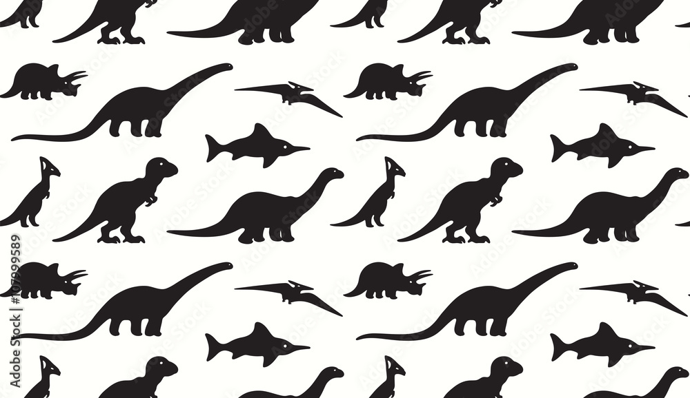 Fototapeta premium Dinosaurs black silhouettes on white background. Seamless pattern