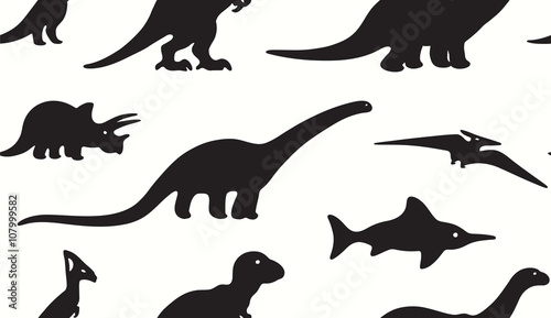 Dinosaurs black silhouettes on white background. Seamless pattern